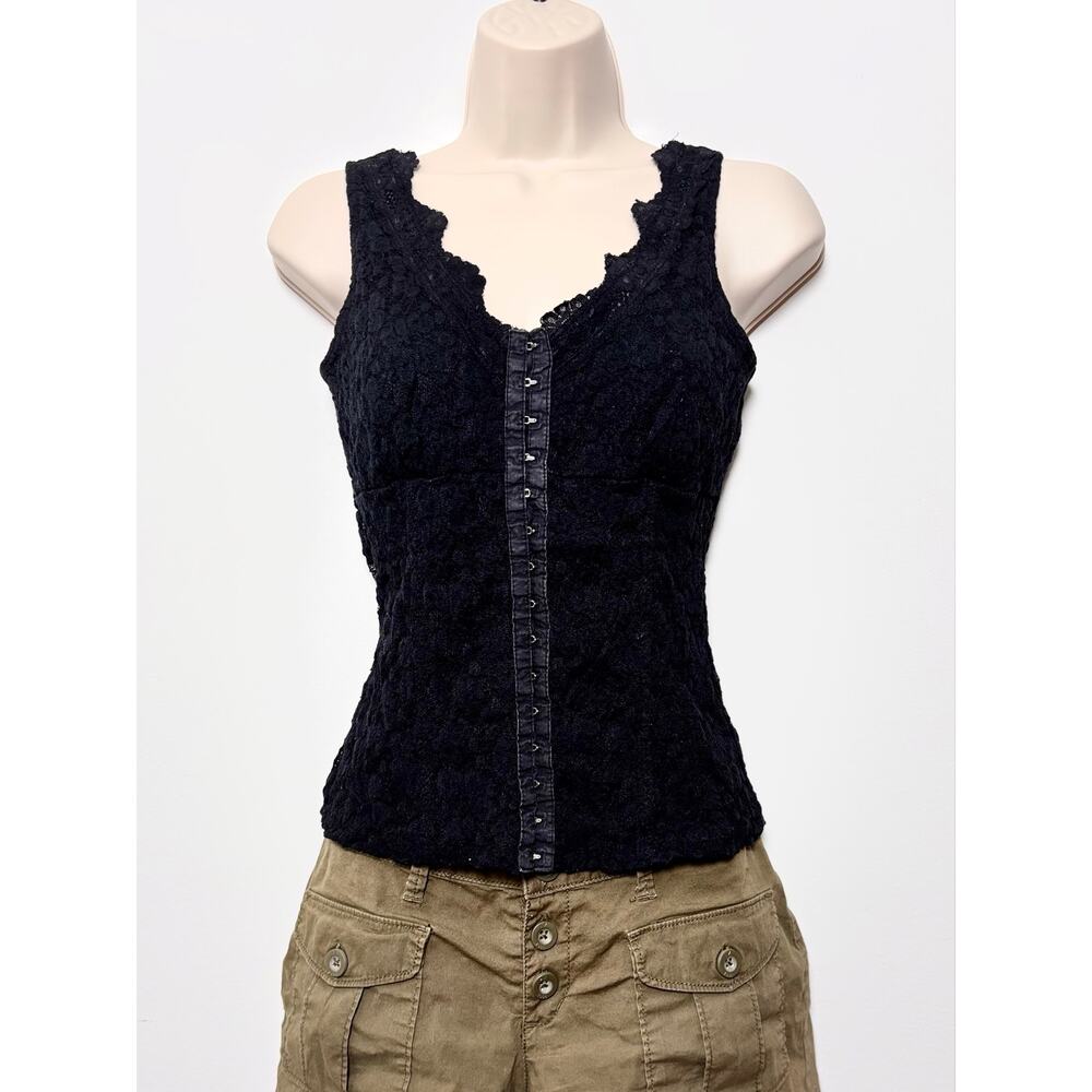 Vtg Y2K Studio Y Black Lace Hook and Eye Corset Tank Top